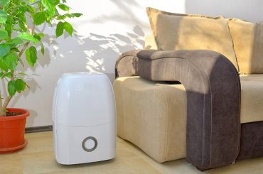 A quiet portable dehumidifier in a bedroom/living room.