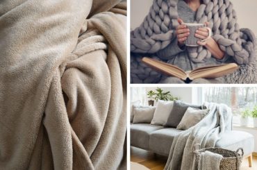 Three different kinds of blankets: throw, fleece, and wearable blanket.