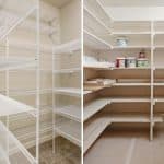 Wire and wooden pantry shelving side by side.