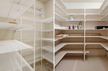 Wire and wooden pantry shelving side by side.