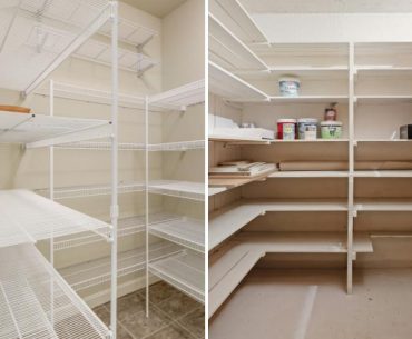 Wire and wooden pantry shelving side by side.