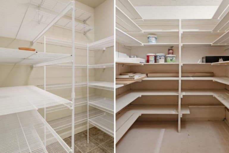Wire and wooden pantry shelving side by side.