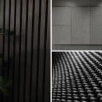 Different types of acoustic panels like wood slats, foam, and fabric panels.