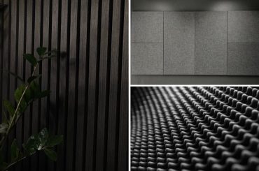 Different types of acoustic panels like wood slats, foam, and fabric panels.