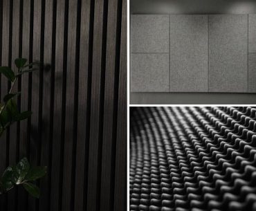 Different types of acoustic panels like wood slats, foam, and fabric panels.