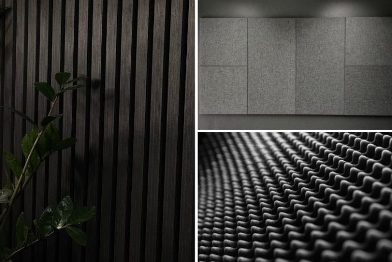 Different types of acoustic panels like wood slats, foam, and fabric panels.