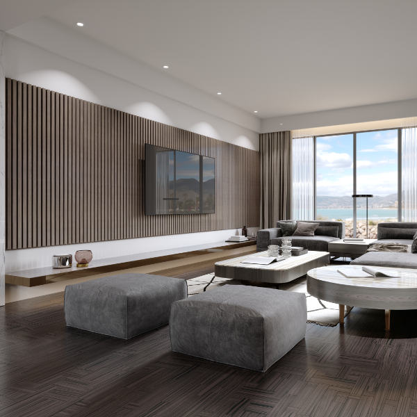 Acoustic wood slat panels behind a TV in a living room.