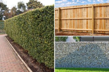 Hedges, stone walls, and wood fences used as outdoor sound barriers to limit noise and block unwanted views.
