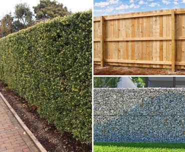 Hedges, stone walls, and wood fences used as outdoor sound barriers to limit noise and block unwanted views.