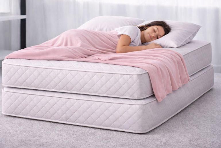 Young woman sleeping on two mattresses that are stacked one on top of the other.