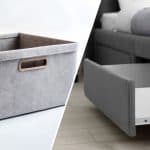 Storage bins and rolling under-bed drawers providing hidden, damage-free organization.