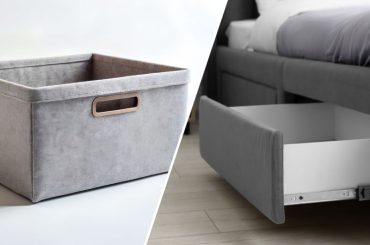 Storage bins and rolling under-bed drawers providing hidden, damage-free organization.