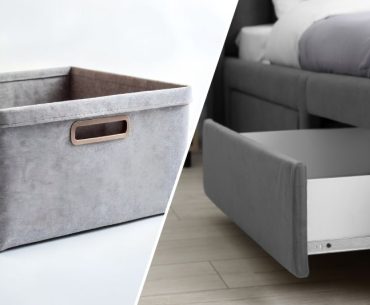 Storage bins and rolling under-bed drawers providing hidden, damage-free organization.