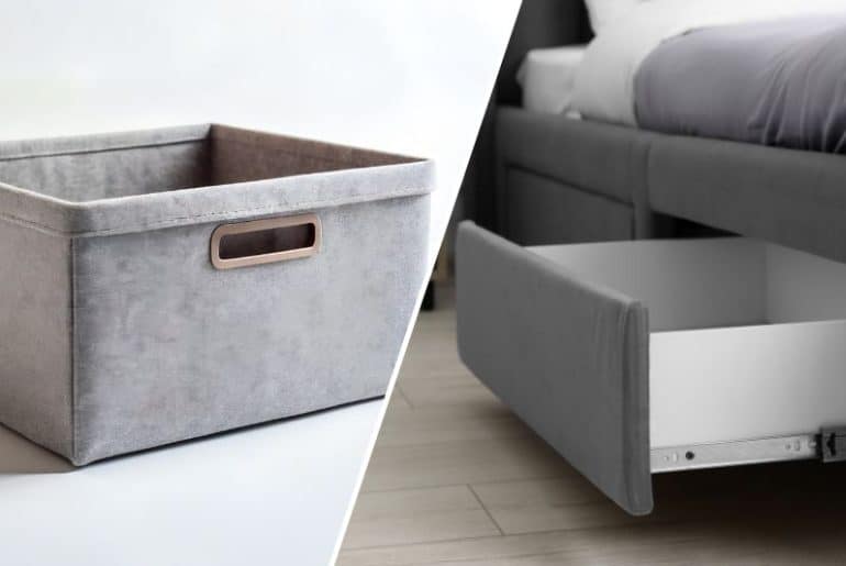 Storage bins and rolling under-bed drawers providing hidden, damage-free organization.